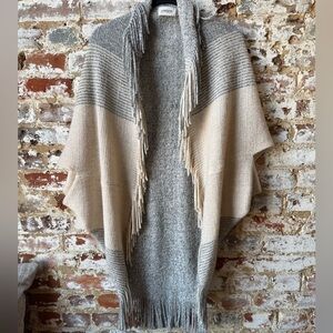 Cherish Neutral Colorblock Fringe Poncho - Gray & Beige